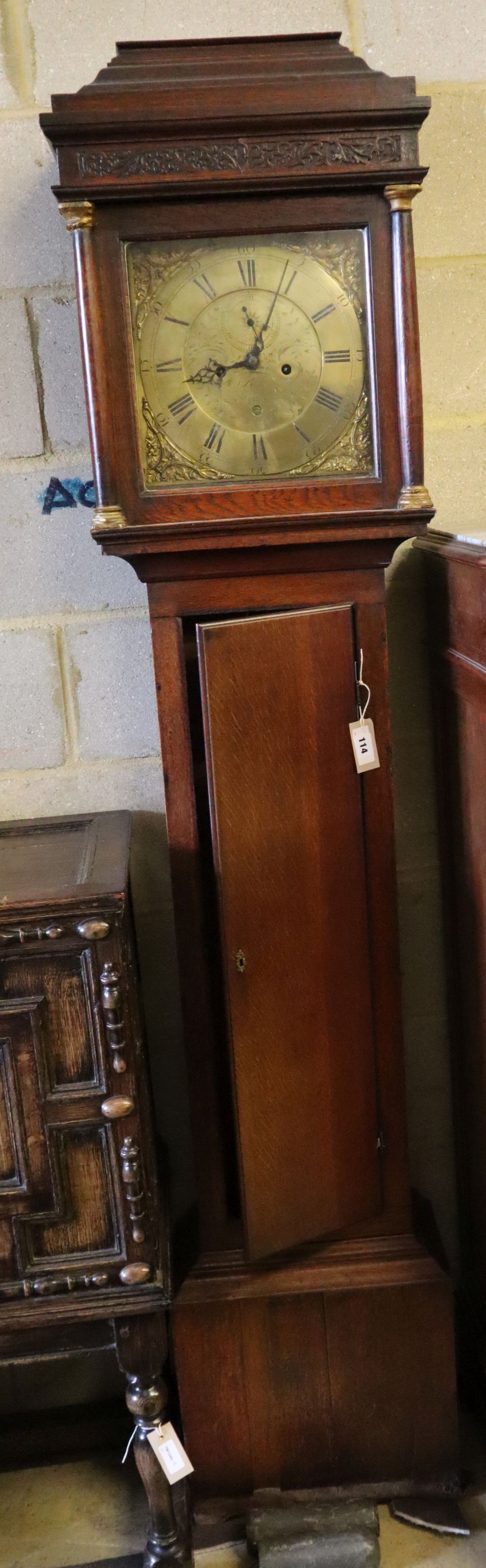 A George III oak eight day longcase clock, the square brass dial marked Brice of Sandwich, height 210cm